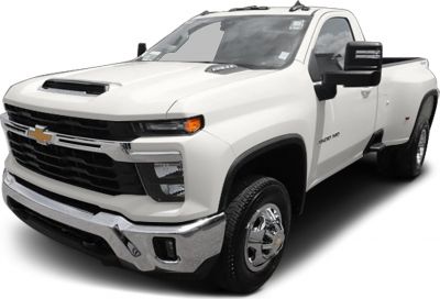Heavy duty pickup front view with regular cab and long bed