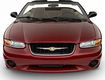 Front view of a red convertible with distinct headlights and grille