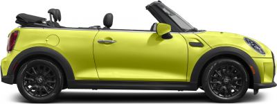 Side profile of convertible with open roof and black alloy wheels