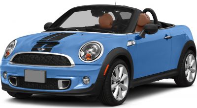 Blue convertible with black racing stripes, front-side view.