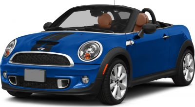 Convertible roadster with black racing stripes and tan leather interior.