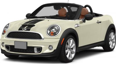 Front view of a convertible roadster with black racing stripes