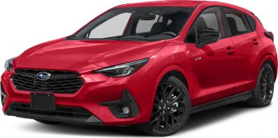 Red hatchback with sharp headlights and black alloy wheels