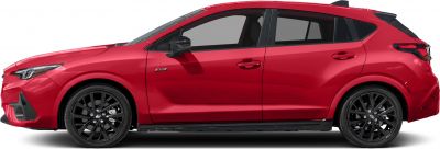 Side profile of a red hatchback with black multi-spoke wheels and sporty side mirrors.