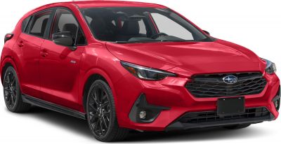 Red hatchback with black alloy wheels and LED headlights