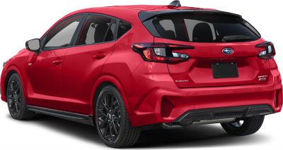 Red hatchback rear with black alloy wheels and distinct taillights