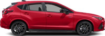 Side profile hatchback with black alloy wheels and red paint