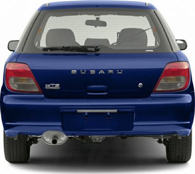 Rear view of blue hatchback with distinct taillights and rear window wiper