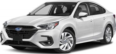 Front and side view of white sedan with black grille and distinct headlights