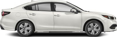 Side profile of a white sedan with alloy wheels and tinted windows