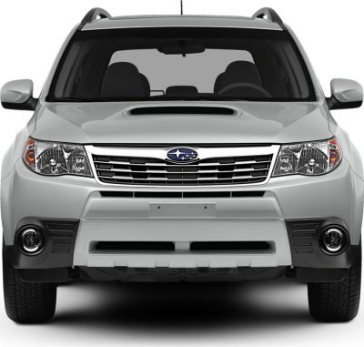 Front view showing grille and hood scoop with fog lights and roof rails.