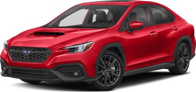 Red sedan with hood scoop and black alloy wheels