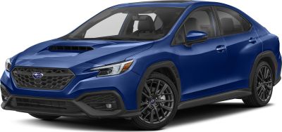 Front view of sporty sedan with hood scoop and LED headlights
