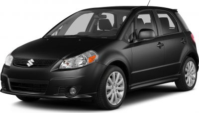 Black hatchback front-side view with grille and alloy wheels