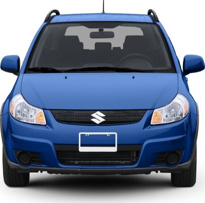 Front view of blue compact crossover SUV with roof rails