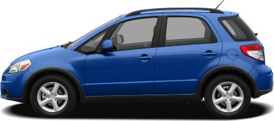 Blue crossover side view with alloy wheels and roof rails