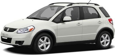 Front side profile of white compact crossover with roof rails and five-spoke wheels
