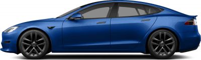 Side profile of blue electric sedan with dark alloy wheels