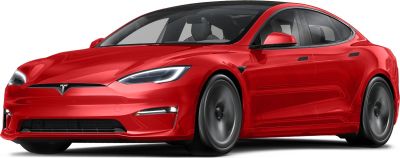Red Tesla Model S facelift front-side view with sleek headlights and aerodynamic design