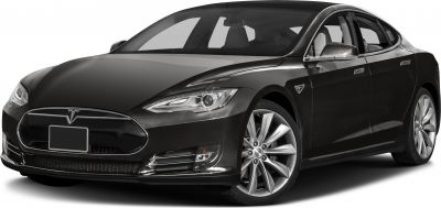 Electric sedan front-side with sleek LED headlights and alloy wheels