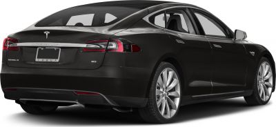 Rear view of a sleek electric sedan with distinctive LED tail lights and alloy wheels