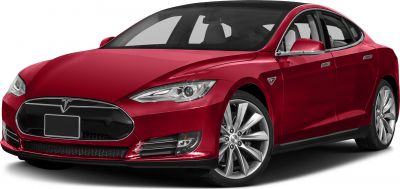 Red electric sedan with sharp headlights and aerodynamic front design