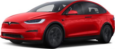 Red electric SUV with aerodynamic front and sleek headlights