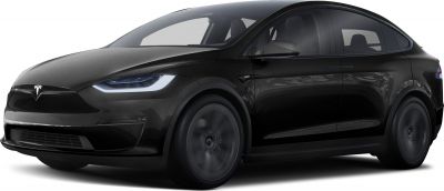 Front side view of electric SUV with sleek aerodynamic design and LED headlights