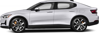 Side view of sleek electric sedan with distinctive alloy wheels and orange brake calipers