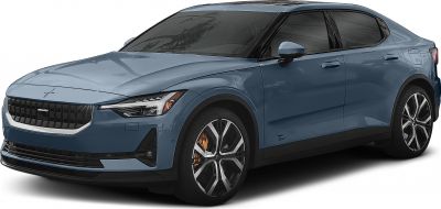 Front-side view of electric sedan with distinctive headlights and alloy wheels