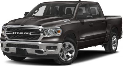 Front and side view of a four-door pickup with chrome grille and large headlights