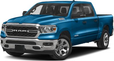 Front three-quarter view of steel blue pickup with bold grille and alloy wheels