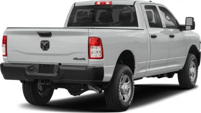 Pickup truck rear with tailgate, taillights, 4x4 badge, exhaust pipe, and rear wheels