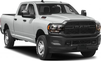 Front and side view of a pickup truck with crew cab and prominent grille