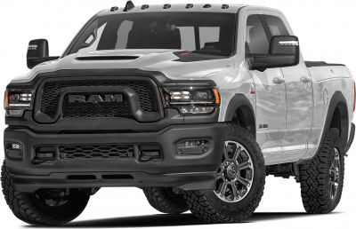 Heavy-duty pickup front with rugged grille and all-terrain tires