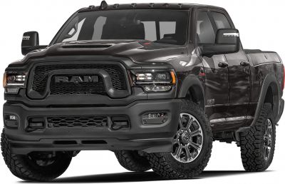 Front view of a heavy-duty pickup with bold grille and off-road tires