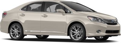 Front side profile of a sedan with hybrid badge and alloy wheels