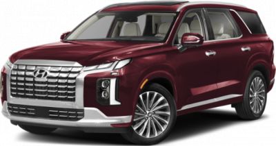 Front angled view of an SUV with large grille and LED headlights