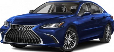 Front view of a blue sedan with spindle grille and LED headlights