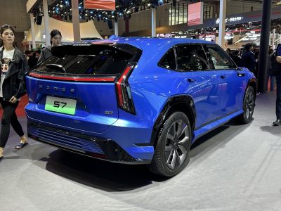 Rear view of electric SUV with modern taillights and aerodynamic design