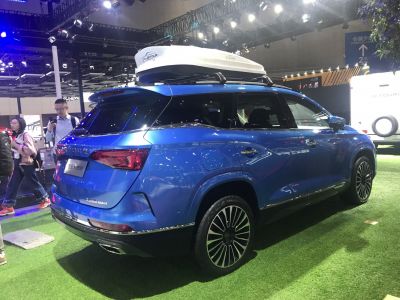 Blue SUV rear side with roof storage and alloy wheels
