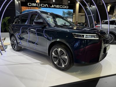 Futuristic LED headlights and aerodynamic electric SUV body
