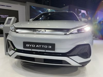 Sleek front view with slim headlights and aerodynamic bumper.