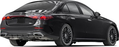 Black luxury sedan rear side view with LED taillights and alloy wheels