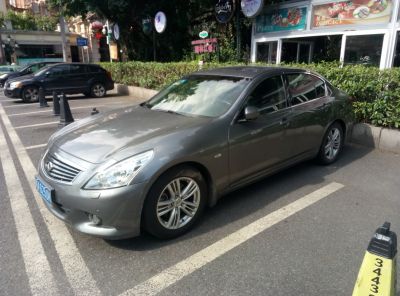 Front and side view of a gray sedan with alloy wheels parked in an urban area