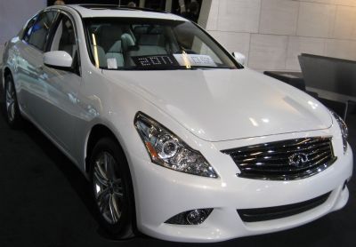 White sedan showing front grille, headlights, and alloy wheels