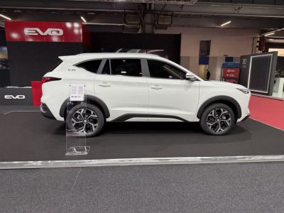 Side profile of white SUV with modern alloy wheels.
