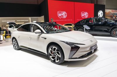 Futuristic front headlights and sleek aerodynamic electric sedan design
