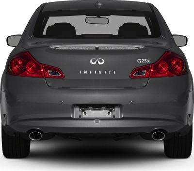 Rear view with taillights and dual exhaust of a sedan