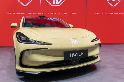 Front view with sleek LED headlights and aerodynamic design